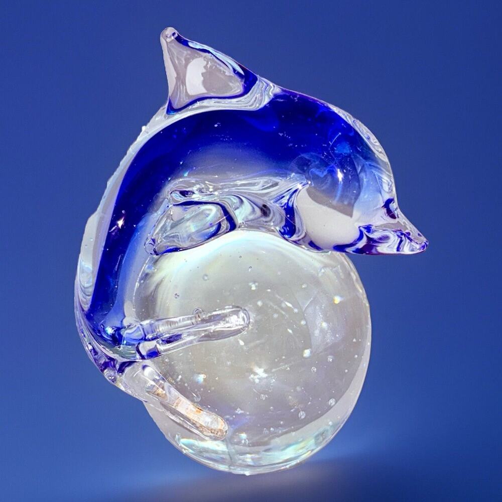 Art Glass Dolphin Paperweight Cobalt Blue On Globe Ball Controlled Bubbles